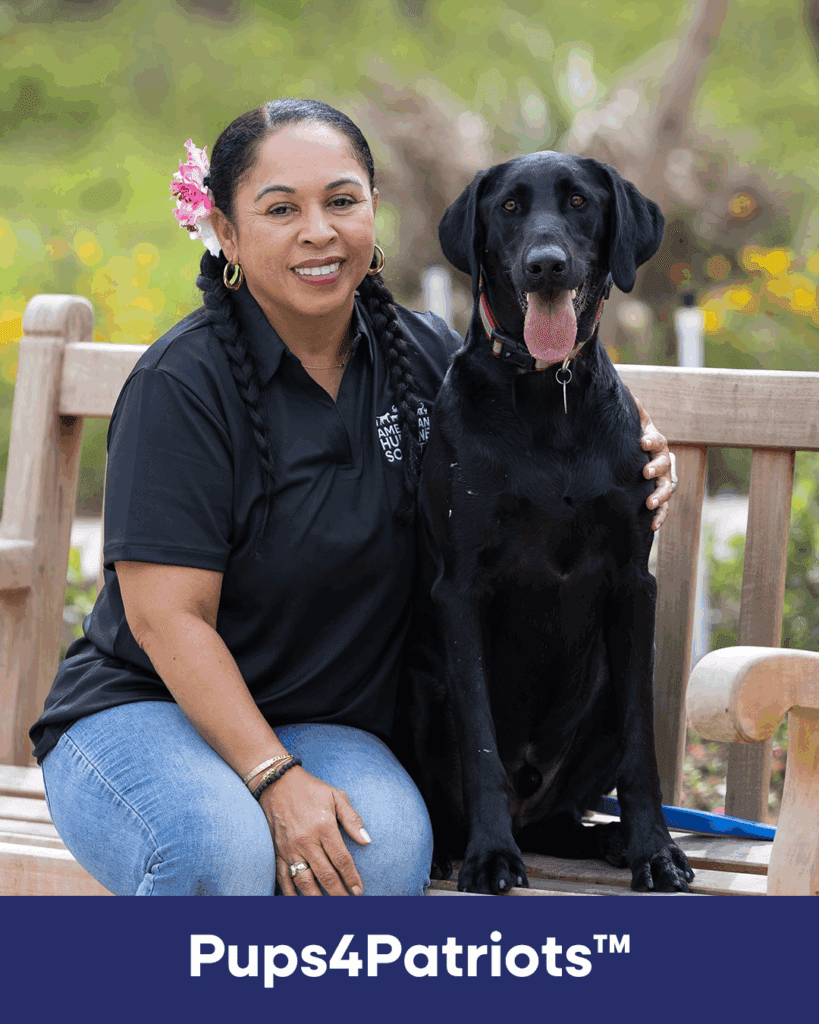 A woman and her black lab service dog sitting on a bench. Along the bottom of the image are the words Pups4Patriots.